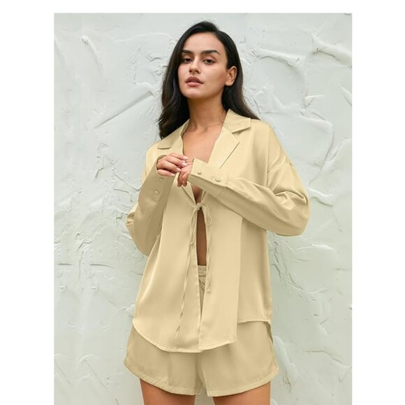 Satin Pajama Set 2 Piece Loungewear Champagne Women L - Picture 4 of 7